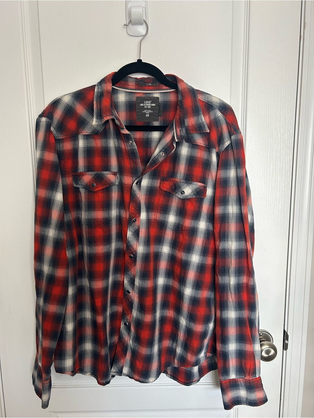 H&M Red Navy White Plaid Button-Down Shirt - Snap Pockets